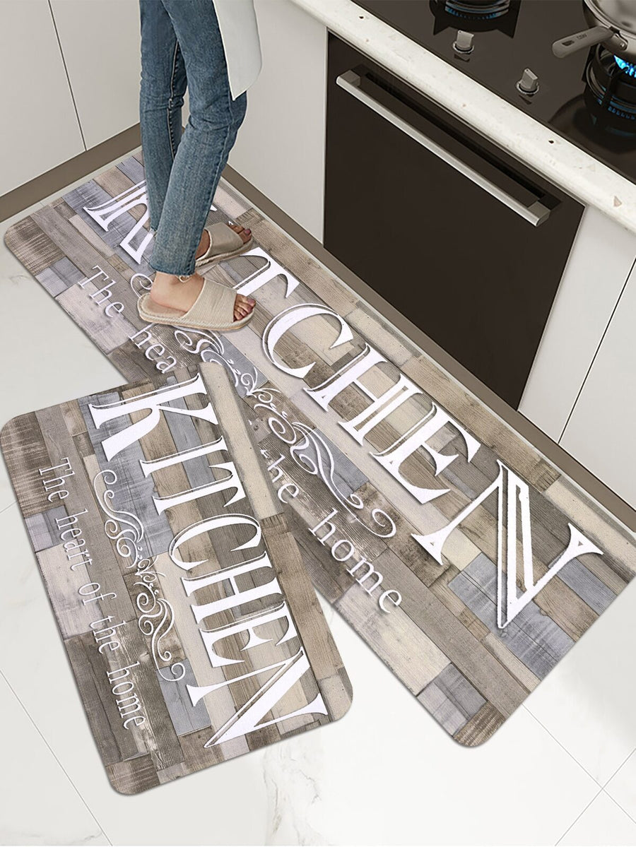 1/2 Pc Wood Grain Text Printed Kitchen Mat, Soft Plush Rectangular Non-Slip Floor Rug For Living Room, Dining Room, Kitchen