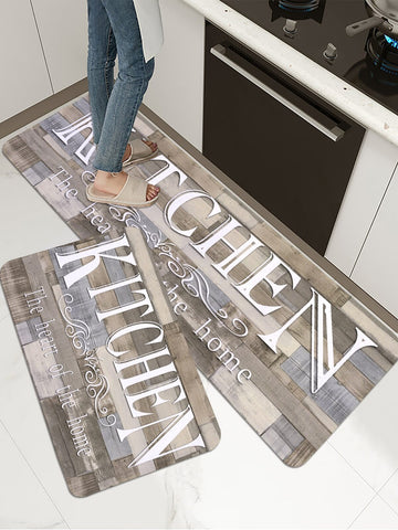 1/2 Pc Wood Grain Text Printed Kitchen Mat, Soft Plush Rectangular Non-Slip Floor Rug For Living Room, Dining Room, Kitchen