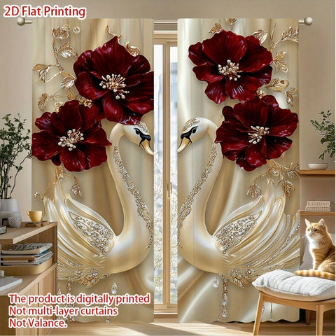 2PCS Elegant Swan Flower Decorative Curtains With Pole Bag Design, Protecting Privacy - Room Decoration, Suitable For Living Rooms, Bathrooms, Offices, Artistic Decoration Style Spaces - Home Decoration, 2D Flat Printing