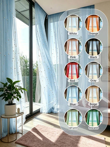 HOMPOOLL 1Pc Blue Pearl Beaded Sheer Curtains, Romantic Luxury Pearl Embellished Light Filtering Voile Window Drapes, Aesthetic Privacy Semi-Sheer Curtains For Bedroom Living Room Apartment Wedding Bridal Shower Party Backdrop Home Decor