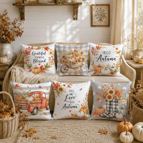 Autumn Harvest Pumpkin Sunflower Maple Leaf Cushion Cover 6-Piece Set, Single-Sided Printed Peach Skin Velvet Polyester Material, 45*45CM Pillow Covers For Modern Fabric Sofa Indoor Decor, Party Decoration, Gift Giving